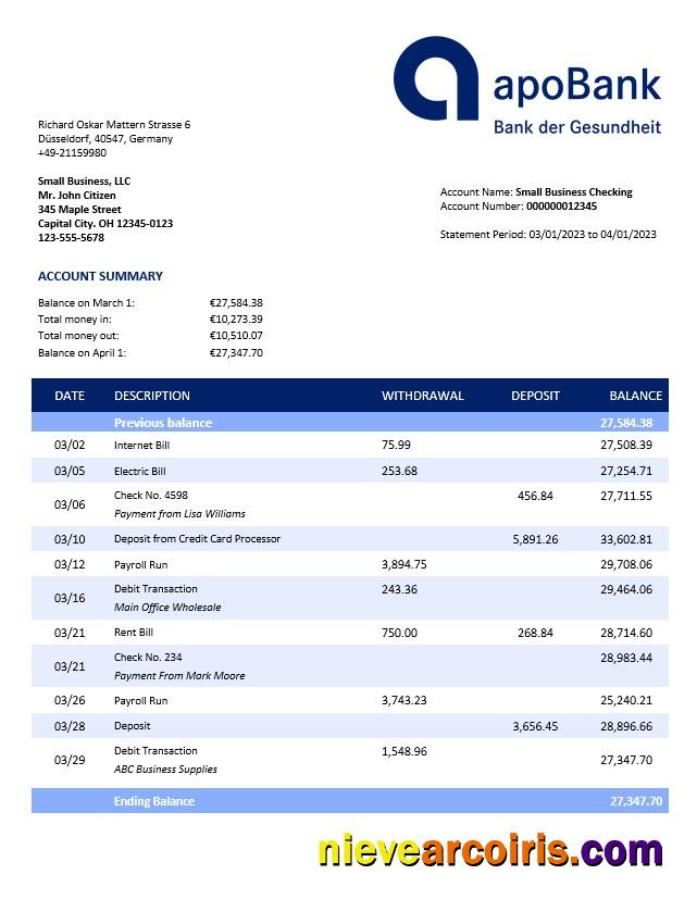 Professional Apobank Enterprise Account Statement Word And PDF Template