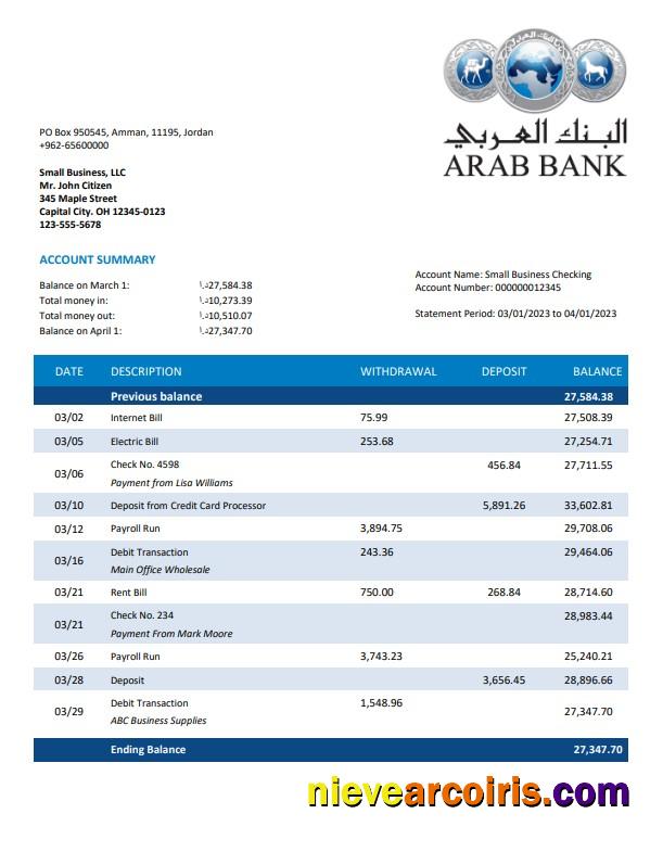 Realistic Arab Bank Organization Checking Account Statement Word And PDF Template