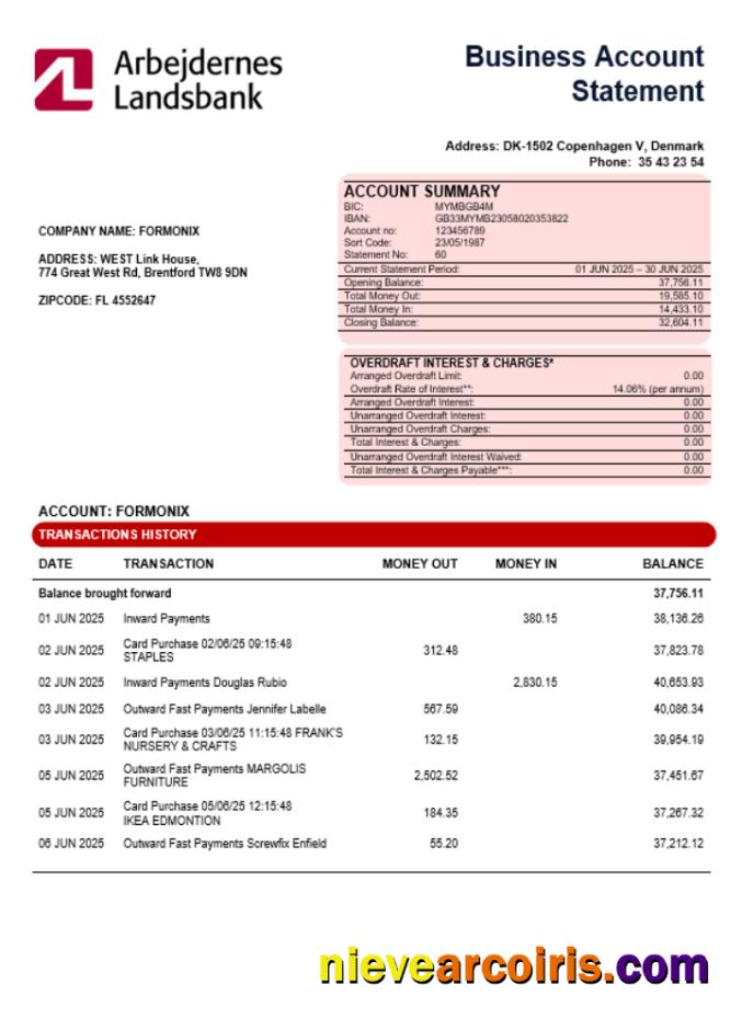 Editable Arbejdernes Landsbank Enterprise Account Statement Word And PDF Template