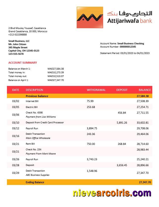 Professional Attijariwafa Bank Business Statement Word And PDF Template