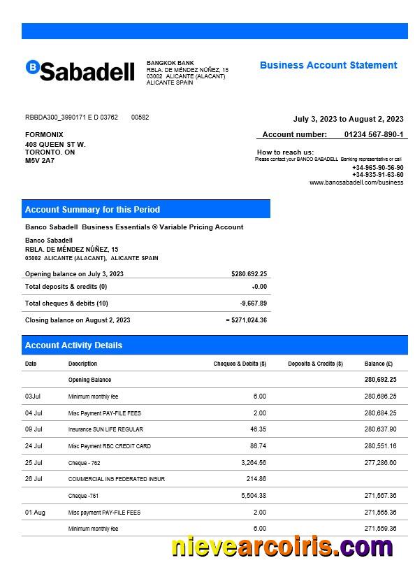 Editable BANCO Sabadell Firm Statement Word And PDF Template