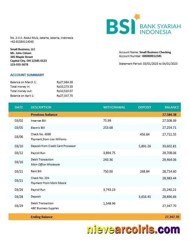Premium BANK Syariah Indonesia Organization Checking Account Statement Word And PDF Template