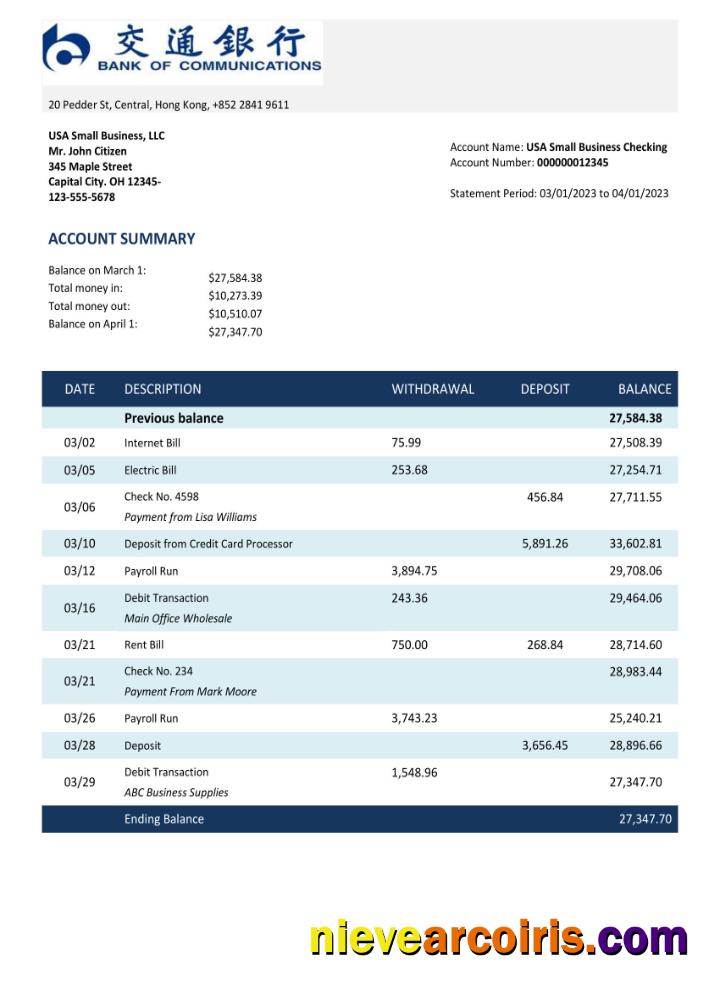 Editable BANK Of Communications Bank Enterprise Account Statement Word And PDF Template
