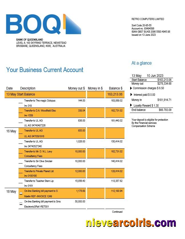 Realistic BANK Of Queensland Business Checking Account Statement Word And PDF Template