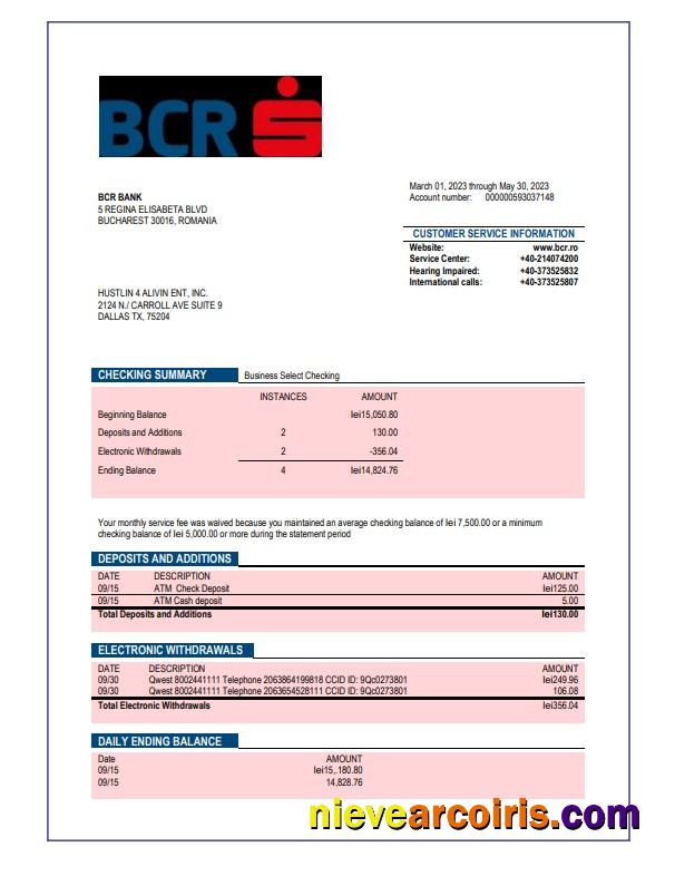Professional BCR Bank Company Checking Account Statement Word And PDF Template