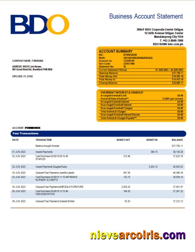 Premium BDO Bank Organization Statement Word And PDF Template