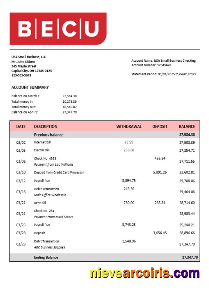 BECU Business Bank Statement Word And PDF Format Sample