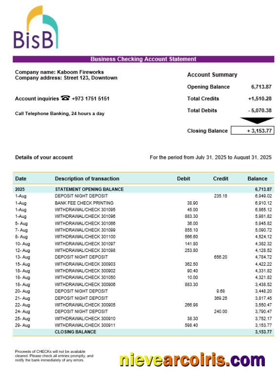 BISB Business Bank Company Account Statement Word And PDF Format Template