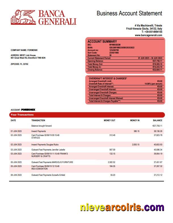 Editable Banca Generali Organization Checking Account Statement Word And PDF Template