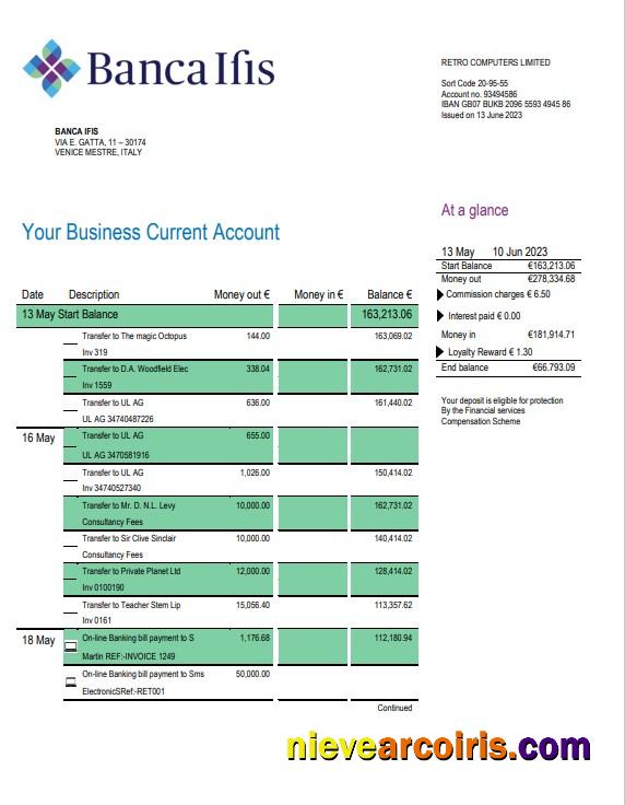 Editable Banca IFIS Business Checking Account Statement Word And PDF Template
