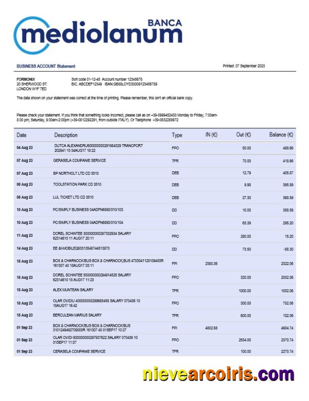 Professional Banca Mediolanum Firm Account Statement Word And PDF Template