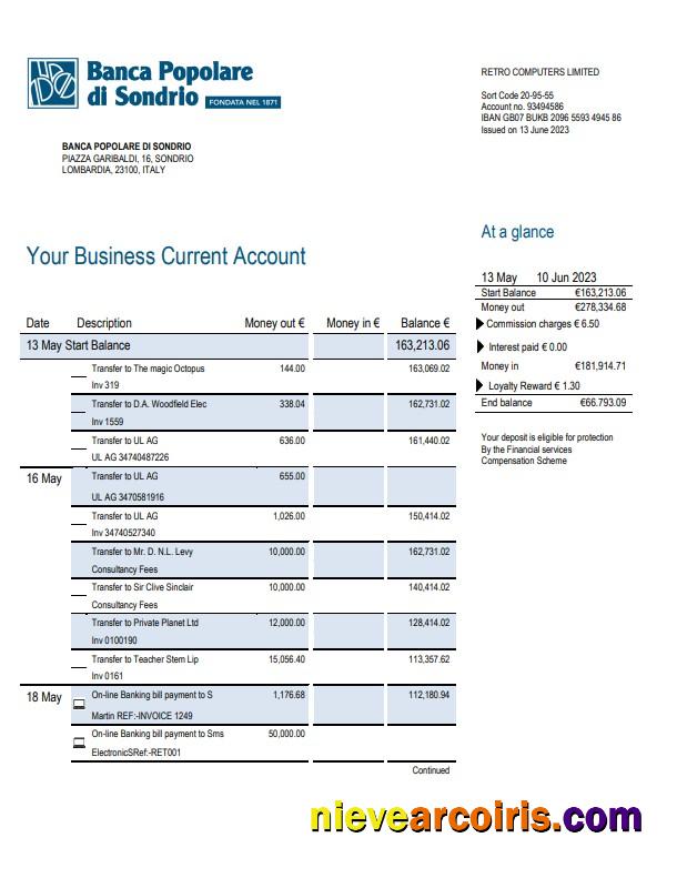 Editable Banca Populaire Di Sondrio Business Bank Statement Word And PDF Template