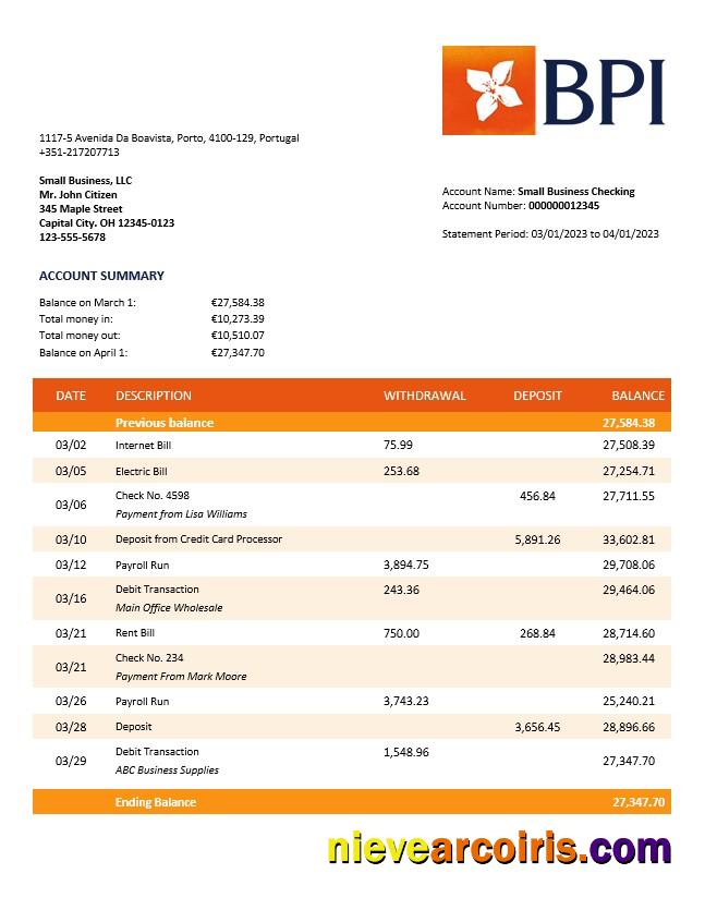 Editable Banco BPI Firm Account Statement Word And PDF Template