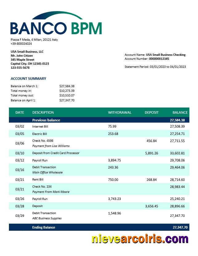 Realistic Banco BPM Enterprise Statement Word And PDF Template