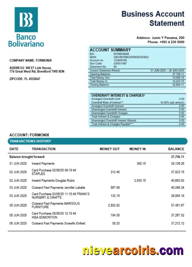 Banco Bolivariano Company Statement Word And PDF Format Template