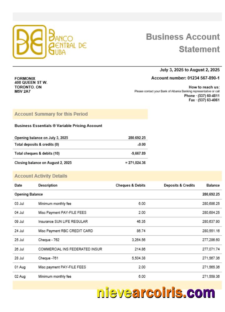 Banco Central De Cuban Bank Business Firm Account Statement Word Snd PDF Format Template