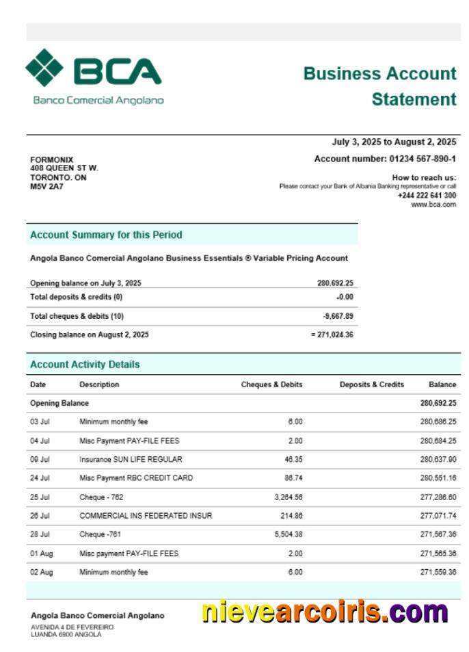 Realistic Banco Comercial Angolanno Company Checking Account Statement Word And PDF Template