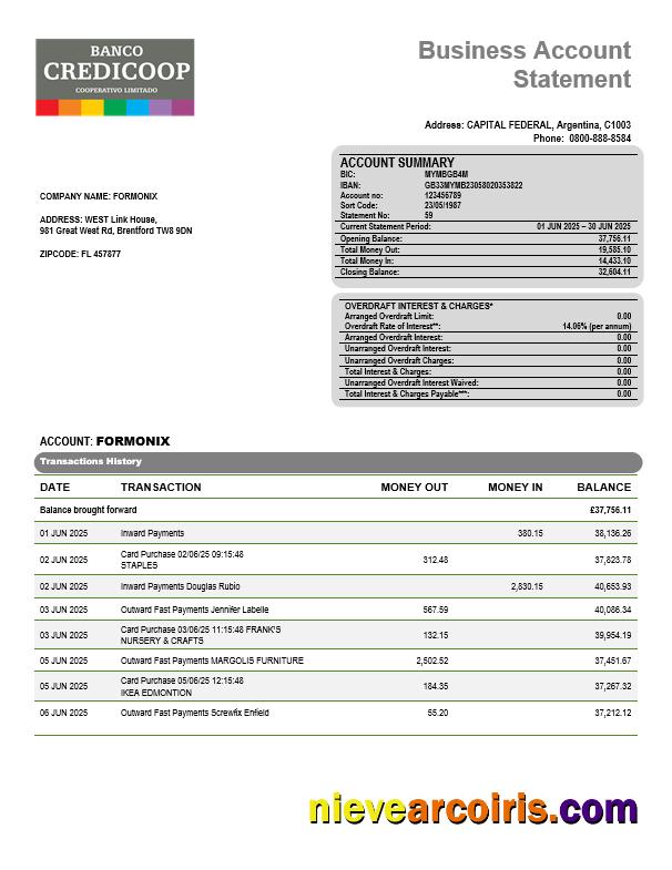 Banco Credicoop Business Bank Statement Word And PDF Format Photolook
