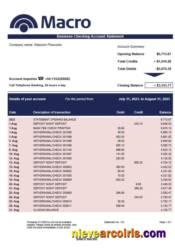 Realistic Banco Macro Organization Checking Account Statement Word And PDF Template