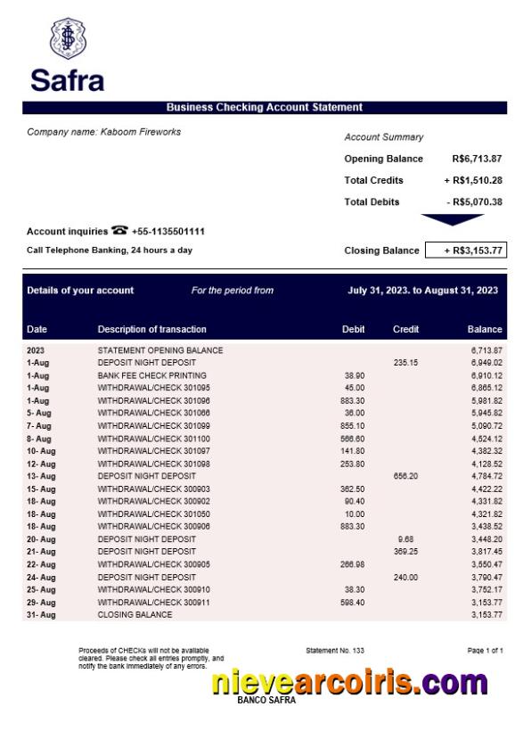 Editable Banco Safra Business Statement Word And PDF Template