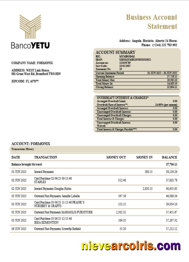 Banco Yetu Business Bank Company Statement Word And PDF Format Preview