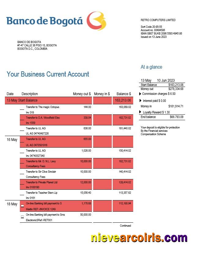 Realistic Banco De Bogotá Enterprise Account Statement Word And PDF Template