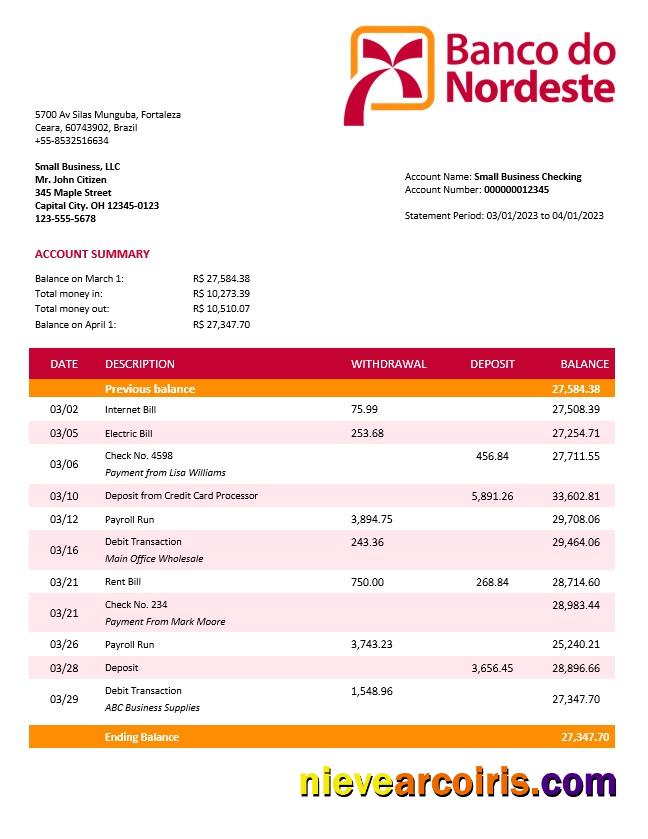 Professional Banco Do Nordeste Firm Account Statement Word And PDF Template