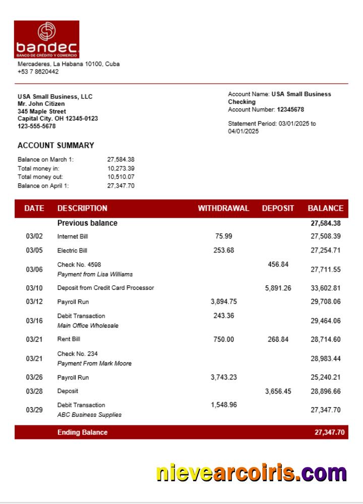 Bandec Banco De Credito Y Comercio Business Firm Account Bank Statement Word And PDF Format Photolook