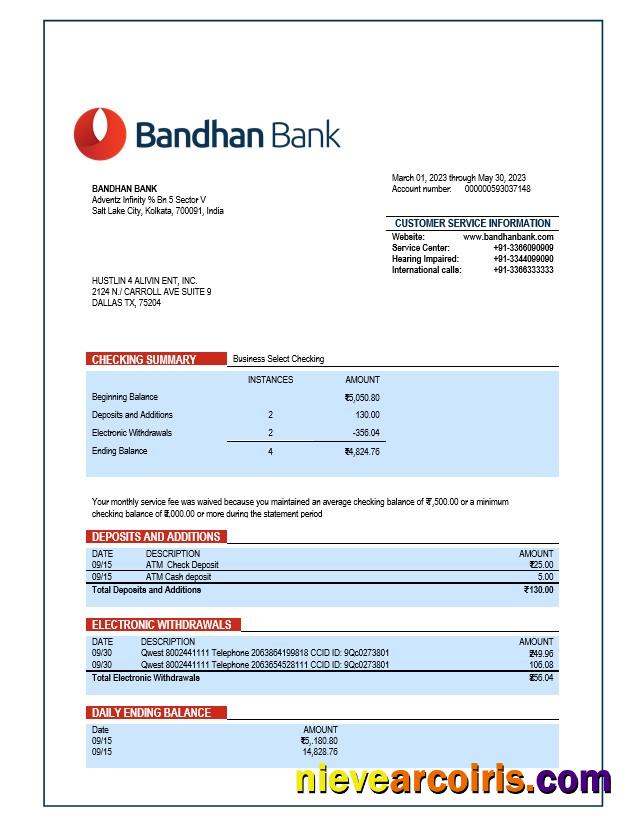Realistic Bandhan Bank Organization Account Statement Word And PDF Template