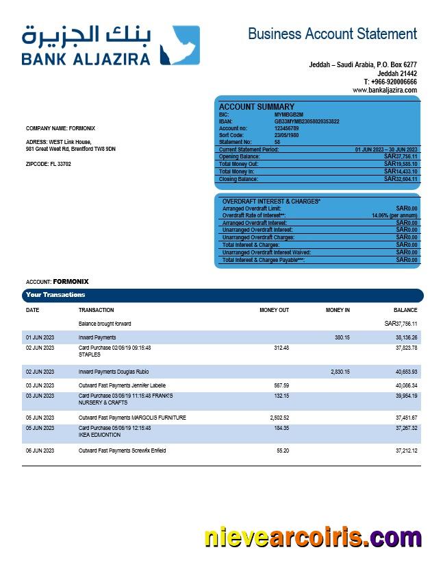 Premium Bank AlJazira Firm Account Statement Word And PDF Template