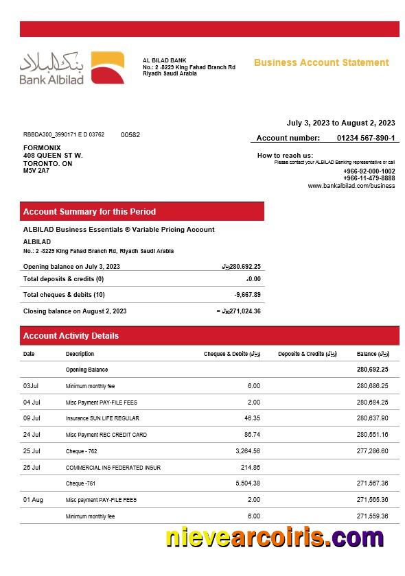 Realistic Bank Albilad Enterprise Statement Word And PDF Template