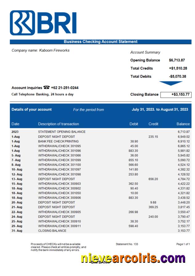 Premium Bank BRI Business Bank Statement Word And PDF Template