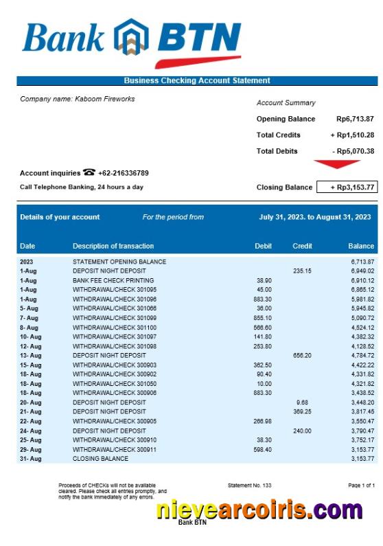 Premium Bank BTN Company Account Statement Word And PDF Template