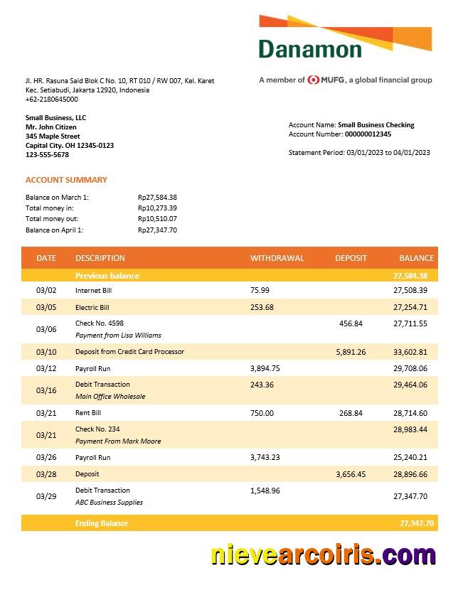 Premium Bank Danamon Enterprise Account Statement Word And PDF Template