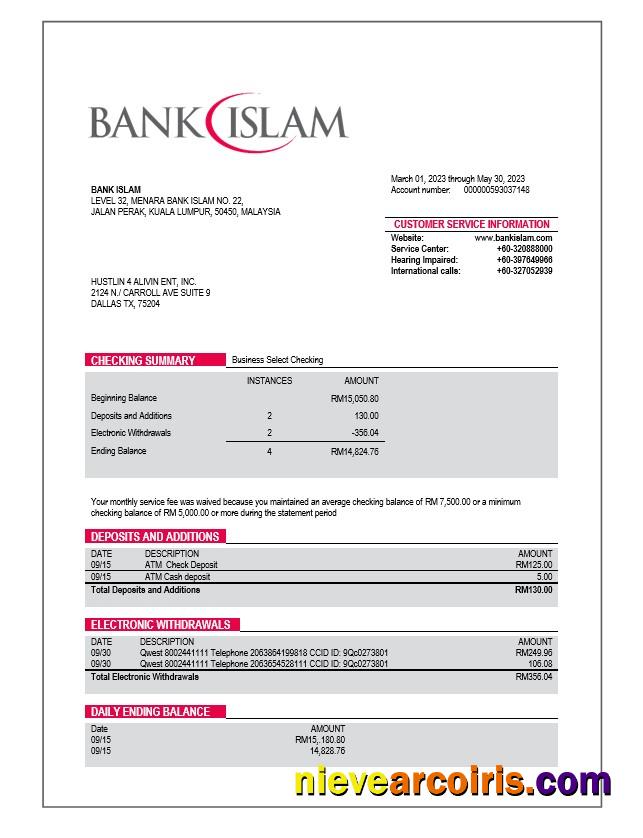 Realistic Bank Islam Company Account Statement Word And PDF Template