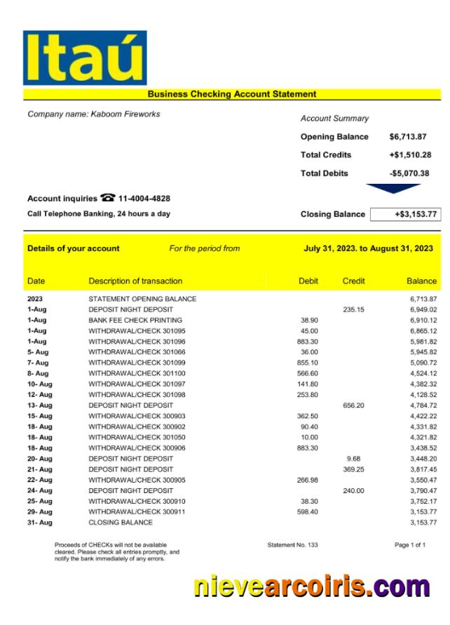 Professional Bank Itaú Enterprise Account Statement Word And PDF Template