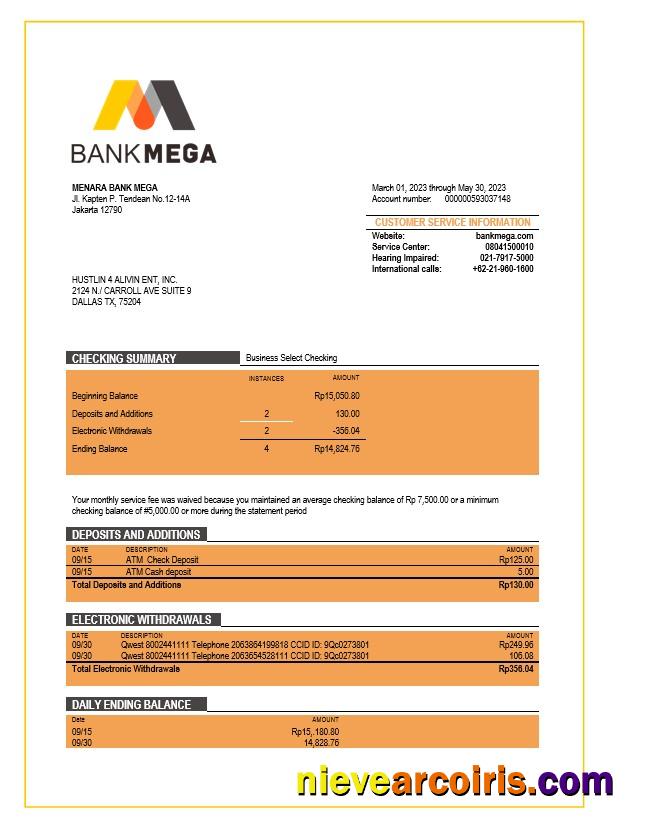 Realistic Bank Mega Corporate Checking Account Statement Word And PDF Template