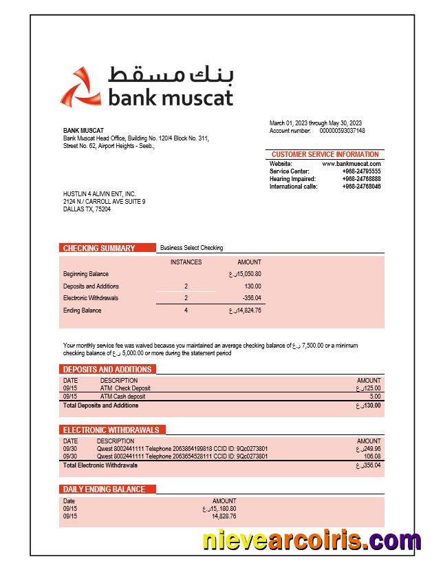 Realistic Bank Muscat Enterprise Account Statement Word And PDF Template