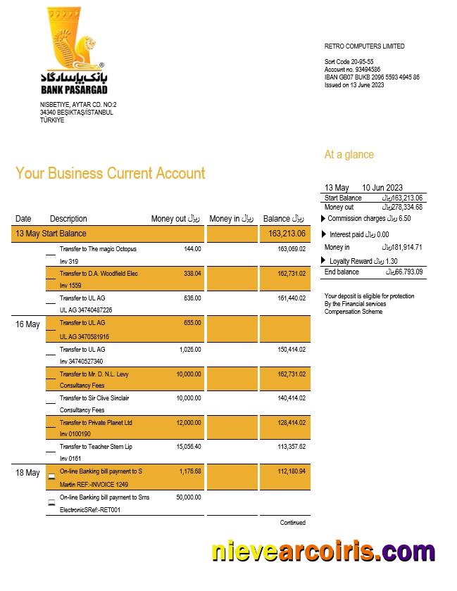 Editable Bank Pasargad Business Statement Word And PDF Template