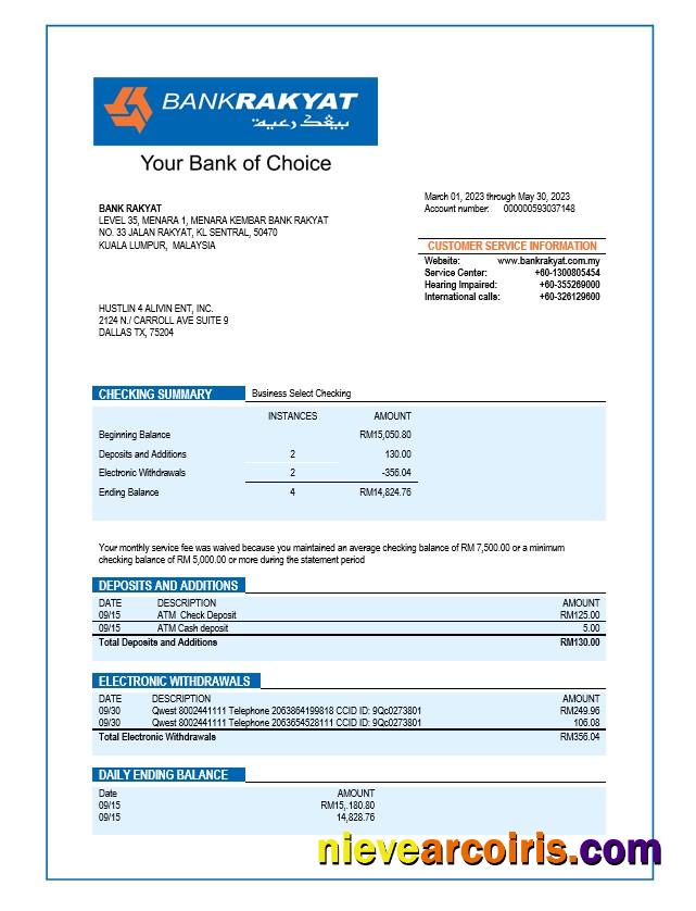 Editable Bank Rakyat Enterprise Account Statement Word And PDF Template