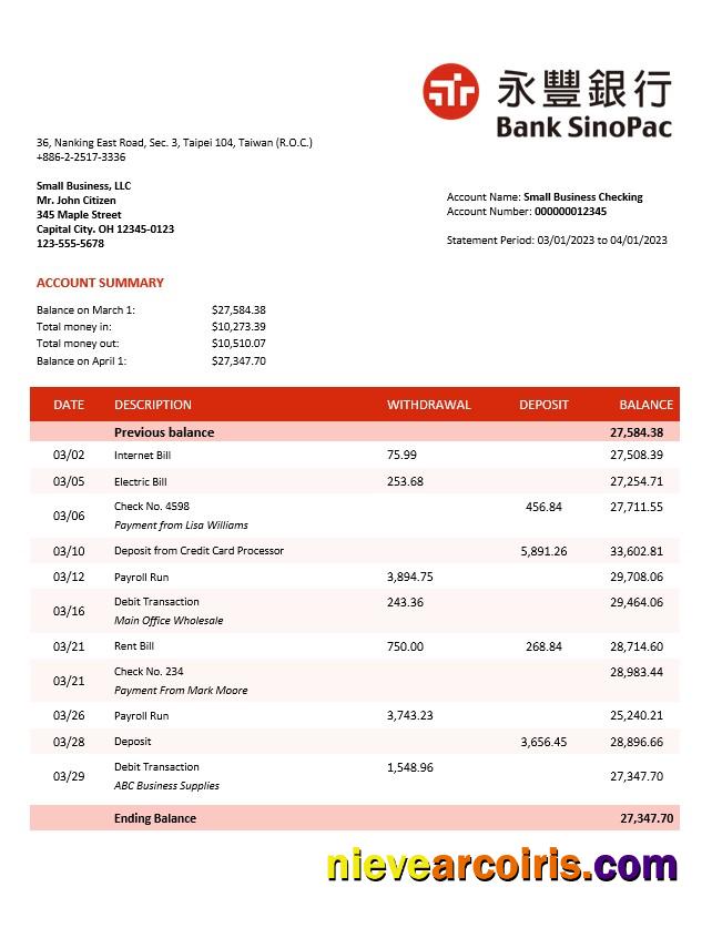 Premium Bank Sinopac Enterprise Account Statement Word And PDF Template