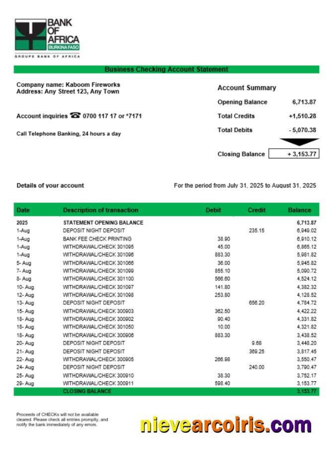 Realistic Bank Of Africa Corporate Checking Account Statement Word And PDF Template