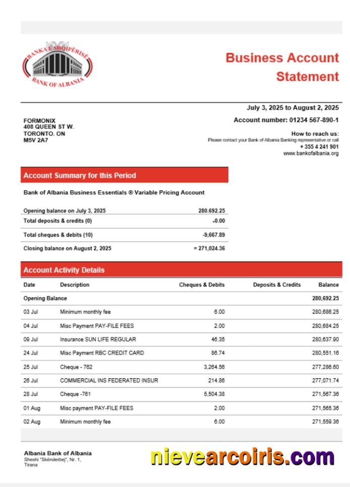 Realistic Bank Of Albania Business Account Statement Word And PDF Template
