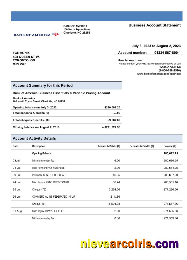 Realistic Bank Of America Business Account Statement Word And PDF Template