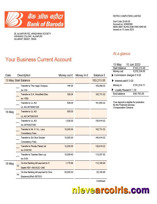 Realistic Bank Of Baroda Company Checking Account Statement Word And PDF Template