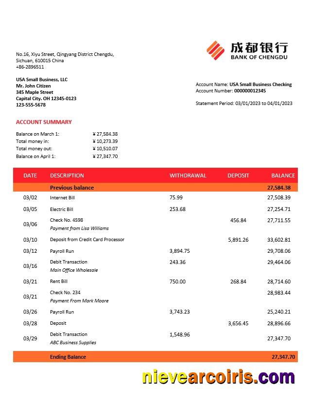Realistic Bank Of Chengdu Business Statement Word And PDF Template