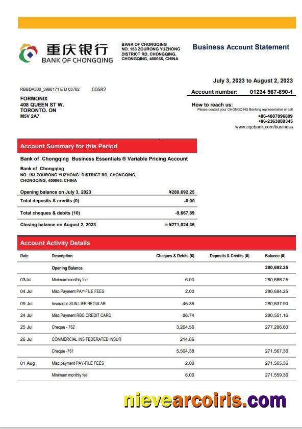Realistic Bank Of Chongqing Enterprise Statement Word And PDF Template