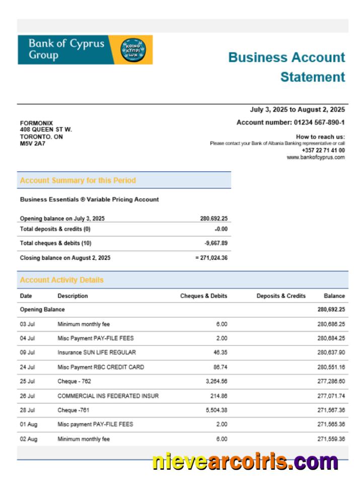Bank Of Cypriot Firm Account Statement Word And PDF Format Sample