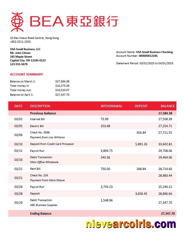 Premium Bank Of East Asia Firm Account Statement Word And PDF Template