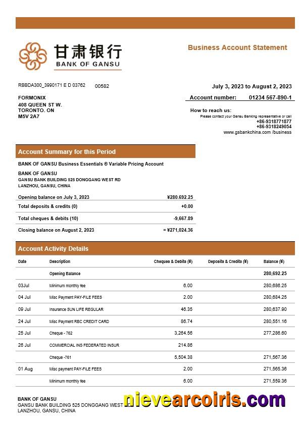 Editable Bank Of Gansu Business Checking Account Statement Word And PDF Template